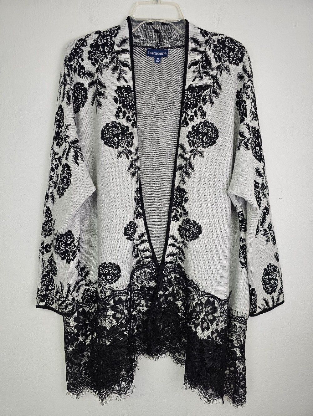 Travelsmith Sweater Cardigan Black/Gray Floral Lace Hem Sz M Cottagecore